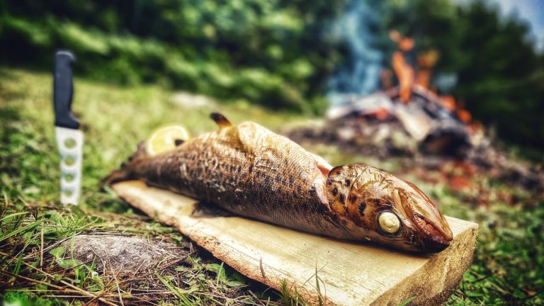 Räucherofen-Anleitung: frisch gefangener Lachs auf Holzbrett mit Messer und Zitrone