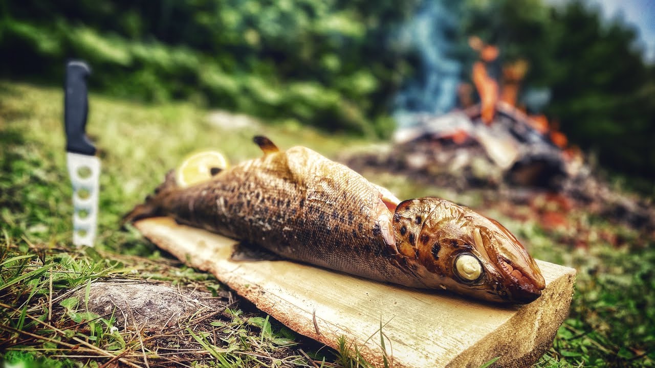 Räucherofen-Anleitung: frisch gefangener Lachs auf Holzbrett mit Messer und Zitrone